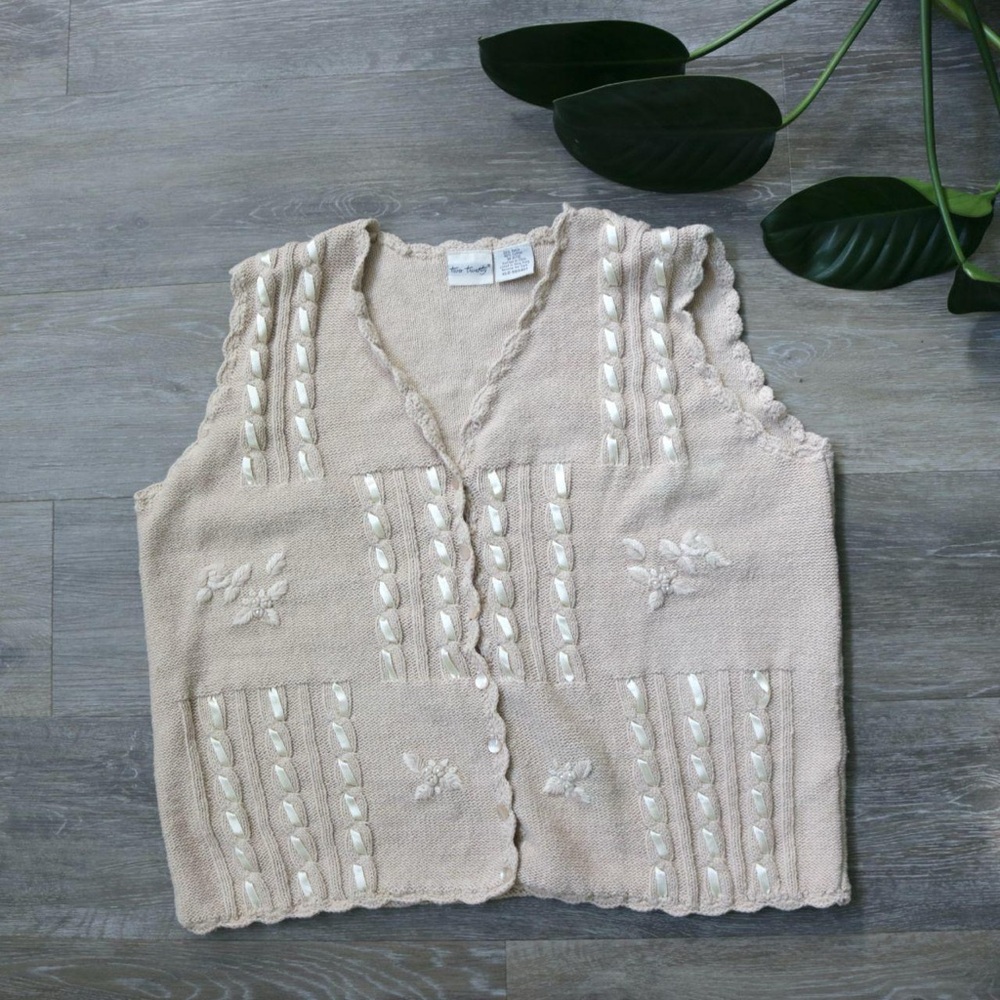 Two-twenty cream knit button down vest with ribbon detail